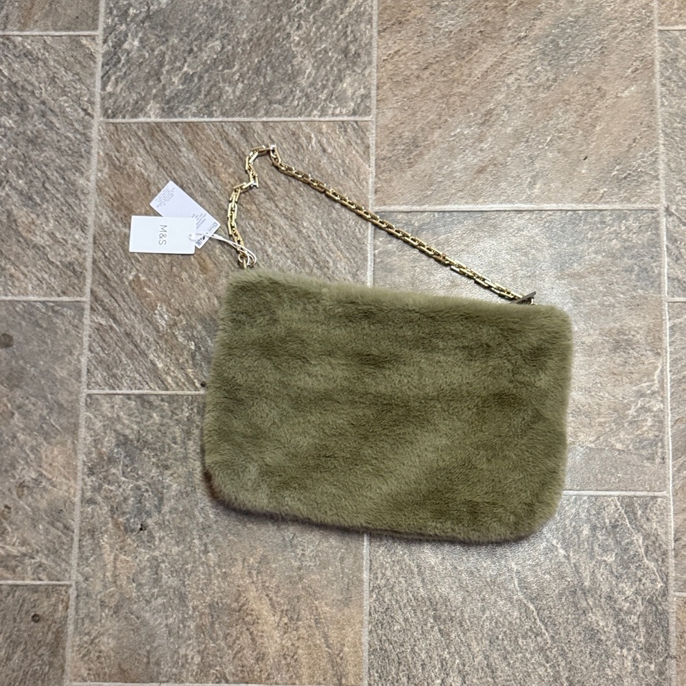 Luxurious Olive Faux Fur Clutch with Chain Strap